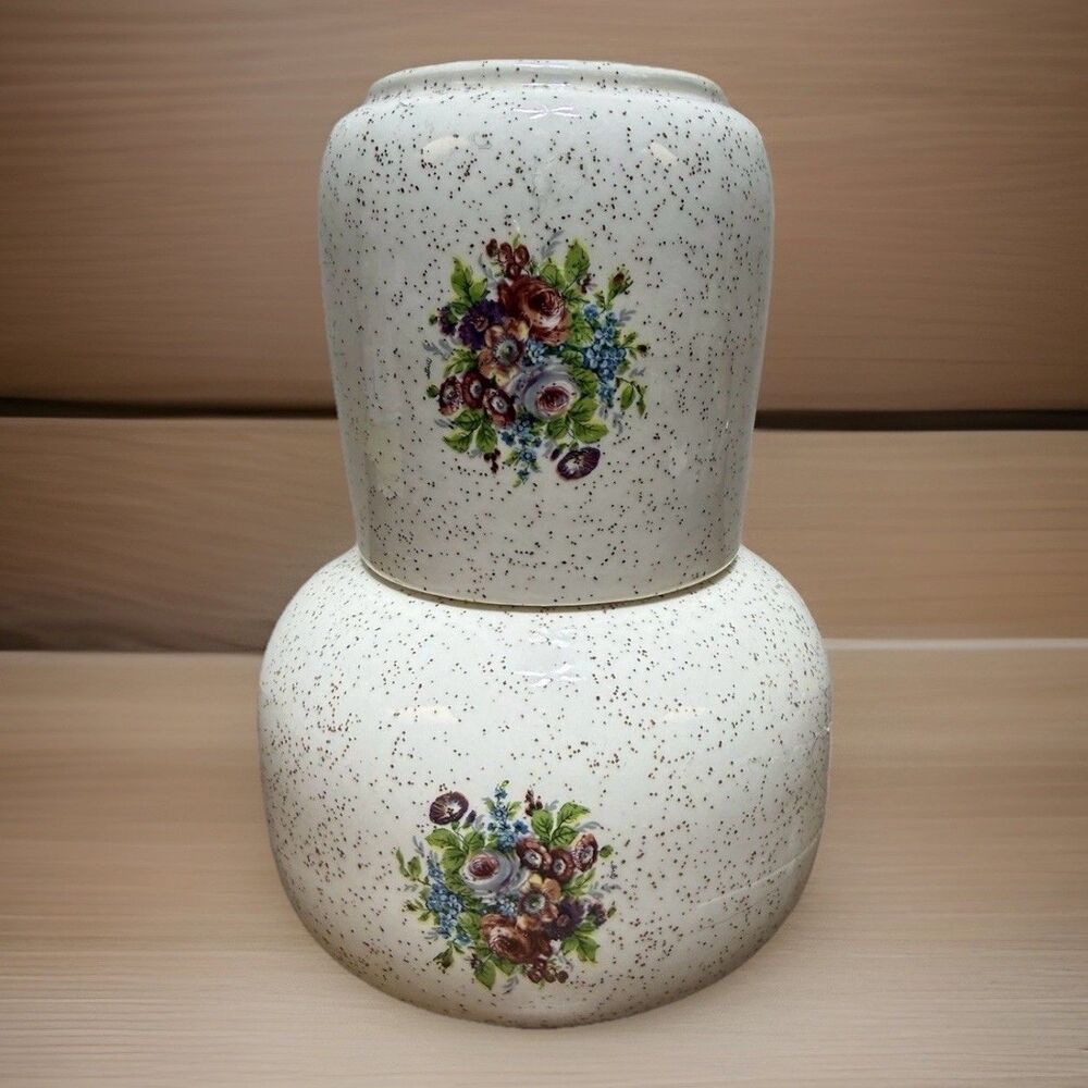 Vintage Bedside Tumble Up Water Decanter Floral Cream With Brown Speckled